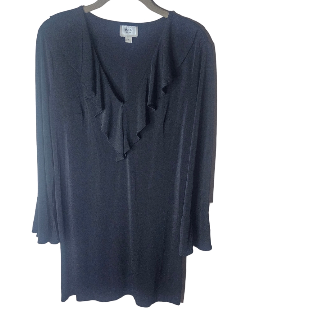 ECI New York women's black ruffle front bell sleeves mini dress size M